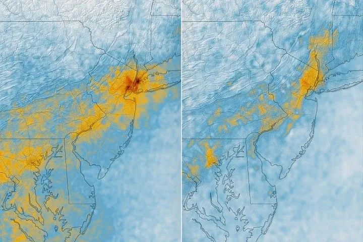 A map of morning nitrogen dioxide shows elevated concentrations of the gas over a region stretching from New York City to Washington, D.C., at 7:05 a.m. on May 18, 2026. A second map of the same area shows much lower concentrations that afternoon.