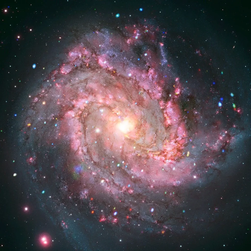 A full field composite image of M83 with X-rays from Chandra (red, green, and blue) and optical light data from Hubble (red, green, and blue).