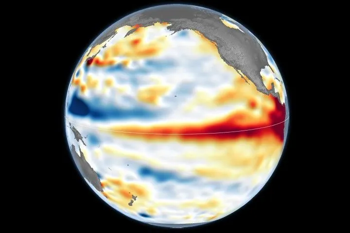 A global map centered on the Pacific Ocean shows a band of red, higher-than-normal water levels across the central and eastern equatorial Pacific and a broad patch off the coast of South America.