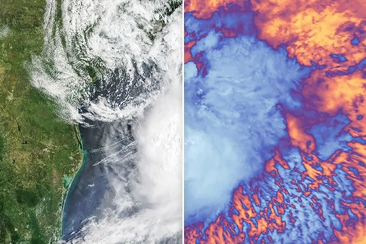 Tropical Storm Arthur’s white storm clouds cover the waters off the U.S. Gulf Coast. Some clouds extend inland over parts of Texas and Louisiana.