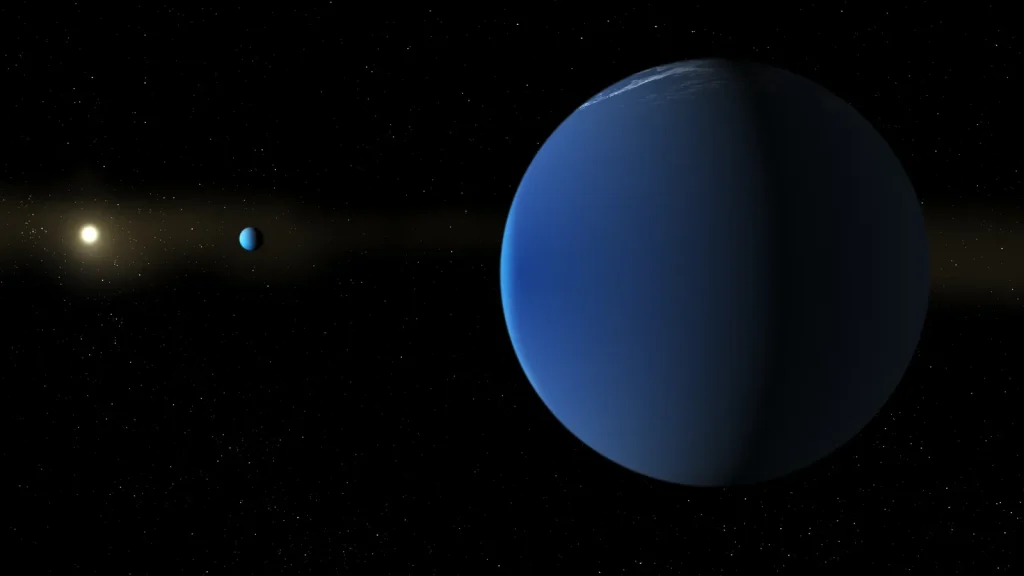An artist's depiction of super-puff planets orbiting a distant star. In the foreground we see a shadowed orb in dark blue, it has a few white wisps at the top pole representing thin clouds. In the center of the image is a faraway blue planet, half-shadowed and half in light, appearing in light blue. On the left side of the image, we see the system's star, appearing as a bright white-yellow ball that lights up the planets.