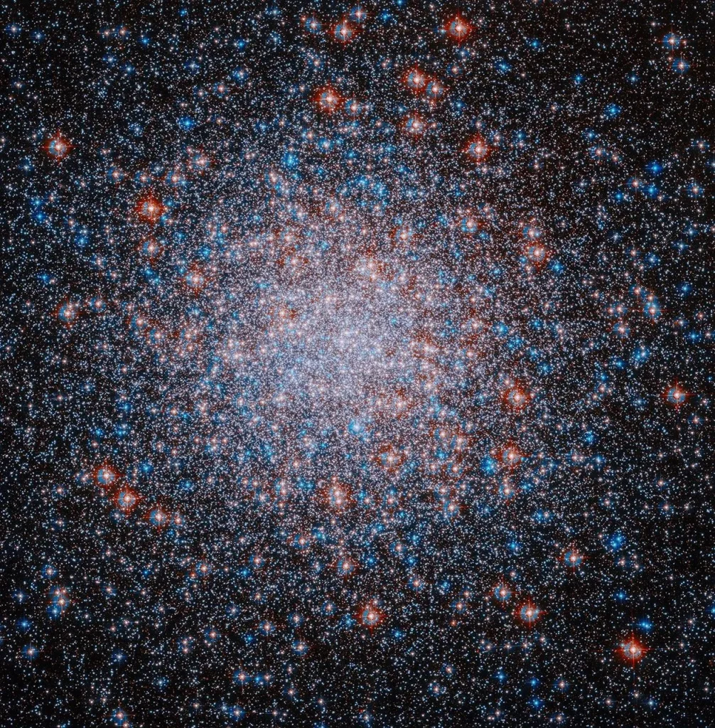 A packed, roughly spherical cluster of red, white and blue stars shines against the black background of space. The stars are clustered most densely toward the center of the cluster.