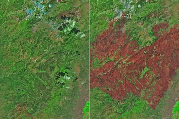 An image of the same area shows a large brown patch spanning much of the image in an image acquired after the fire on June 29, 2026.