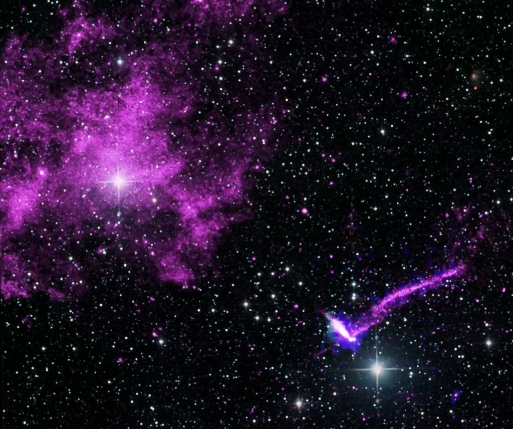 Scientists have successfully measured the magnetic field of the Lighthouse pulsar’s nebula using NASA’s IXPE. Their measurements confirm the theory that high-energy particles escape along the galaxy’s magnetic field lines. This composite image contains X-ray data from IXPE in blue, the Chandra X-ray Observatory in purple, and radio data from CSIRO in green. The starfield is optical data from the 2MASS optical survey.
