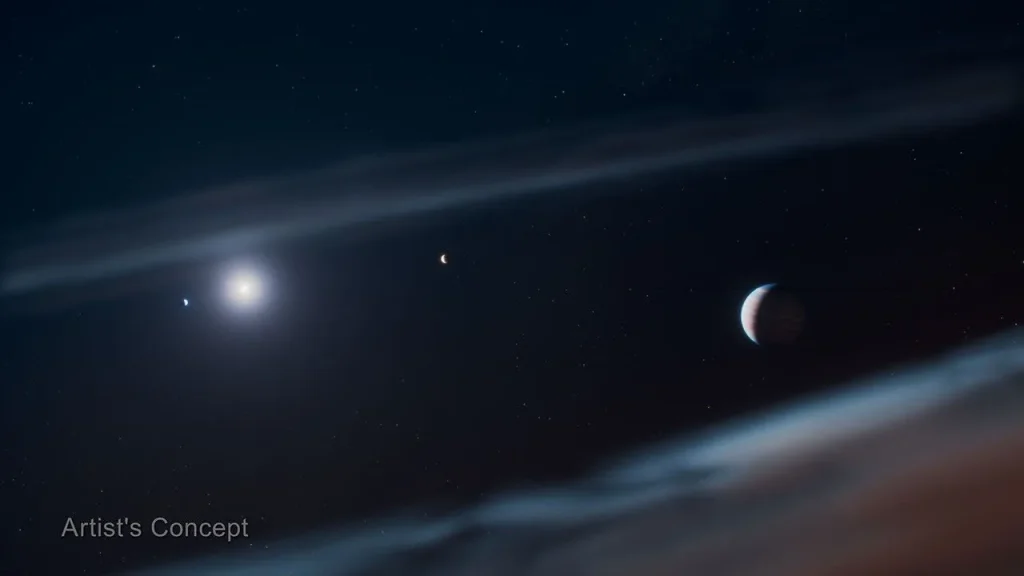 Artist's concept of the Beta Pictoris planetary system. One edge of a smooth, dusty disk that looks like cloud wisps extends across the upper third of the image at an angle from 9 o’clock to 2 o’clock. Just below that, in the left third of the image, the star glows white and is small. Just to the left of the star there is a tiny white dot, planet Beta Pictoris c. To the right of the star, about twice the distance between Beta Pictoris c and the star is another bright dot, representing planet Beta Pictoris b. A third planet, Beta Pictoris d is larger than the other two, and appears in the right third of the illustration. The planet has subtle orange cloud bands, and the side facing the star is illuminated. Below this planet, the other wispy edge of the dusty disk that circles the star crosses the bottom right corner of the illustration below Beta Pictoris d from 4 o’clock to 7 o’clock. The black background of space is speckled with distant stars. The words "Artist's Concept" appears at the lower left corner.