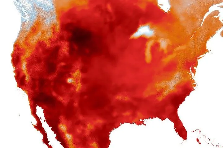 Map of the United States shaded orange to red, with the deepest red over parts of Montana, Wyoming, and Utah, where air temperatures neared or exceeded 45°C (113°F). Deseret, Sheridan, and Miles City are labeled as sites of all-time record highs.
