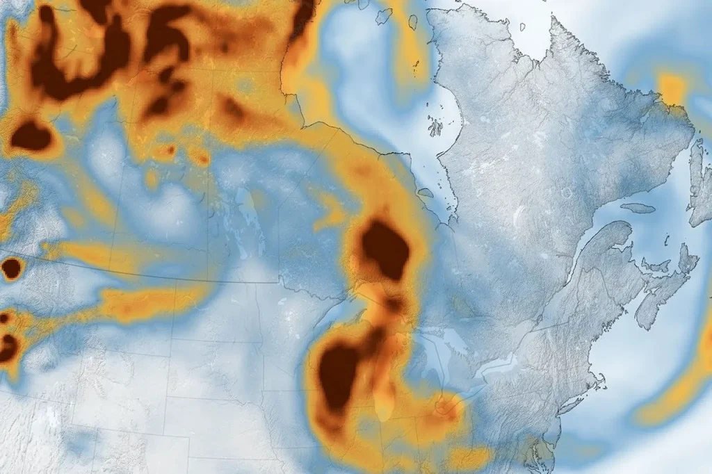 An animation shows brown carbon density across North America over one week in July 2026, with the highest concentrations in orange to dark red. The darkest red areas shift eastward over time, covering southern Ontario, the Upper Midwest, and the Northeast.