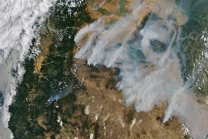 Long plumes of gray wildfire smoke stream northeast from a line of fires in central and eastern Oregon, including the Beachcomb, Shingle, and Second Flat fires that threatened communities.