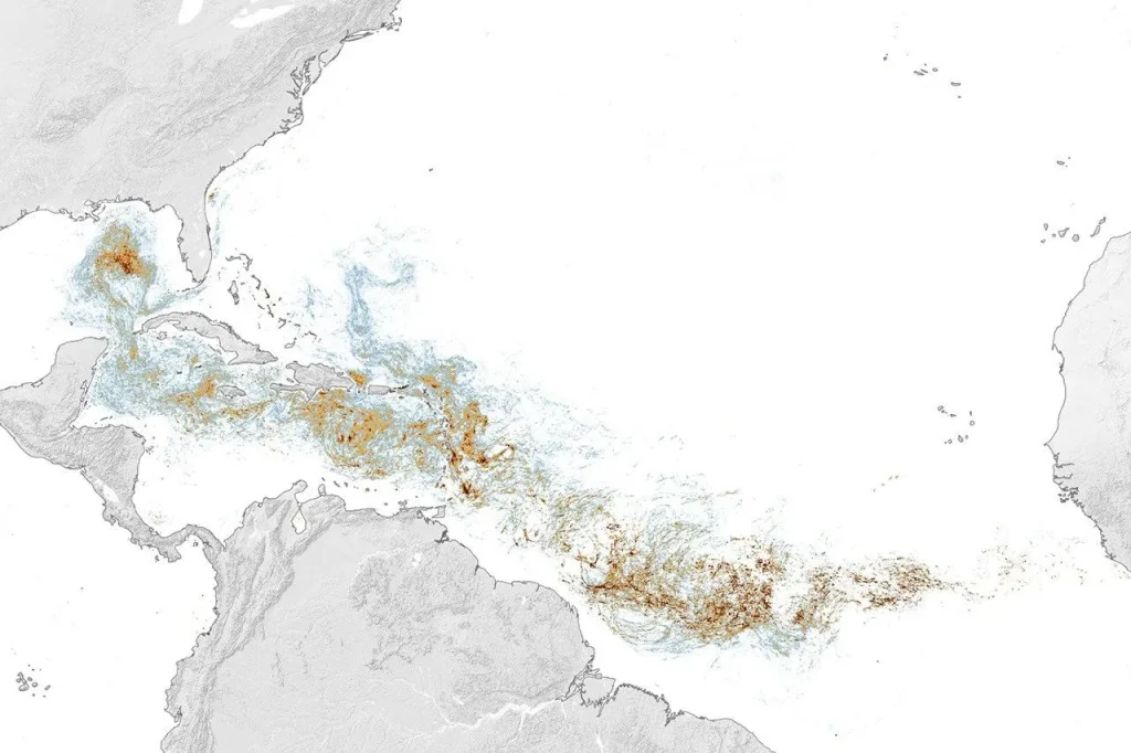 Map of the Atlantic Ocean showing Sargassum density from low (blue) to high (red) in June 2026, with the highest concentrations in the tropical Atlantic.