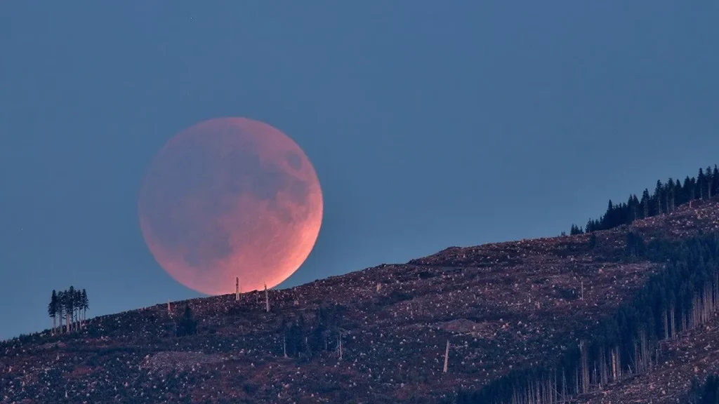 A lunar eclipse is seen over the horizon.