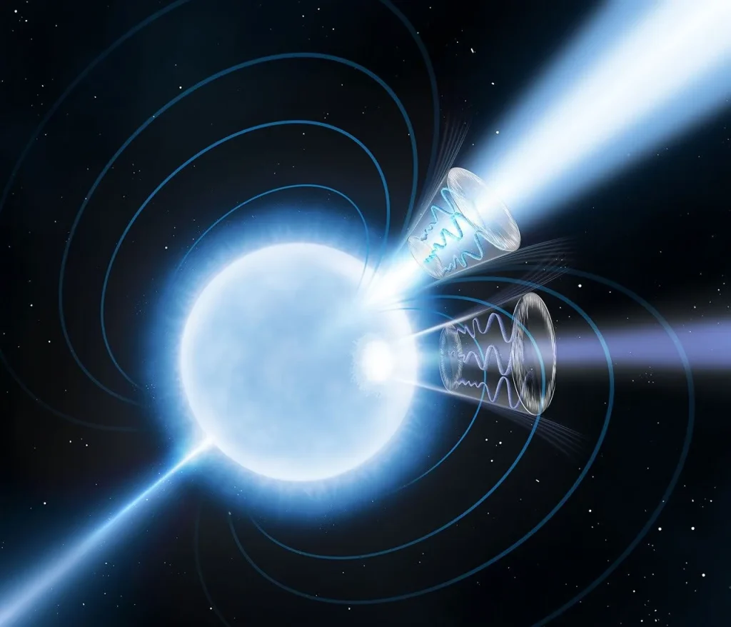 An illustration of a bright blue, glowing neutron star against a black, starry background. Thin blue rings representing magnetic field lines loop around the star. A bright blue beam shoots diagonally downward to the left. On the right side, two semi-transparent cones emerge from the star, containing wavy lines representing radiation. The upper cone aligns with the magnetic field and shoots a bright white beam diagonally upward, while the lower, darker blue cone is offset and shoots a purple-blue beam straight out to the right.