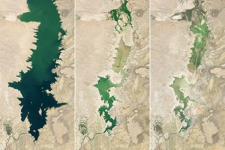 A three-part image shows Elephant Butte Reservoir in New Mexico in 1994, 2013, and 2026. In 1994, on the left, the lake is nearly full. In the other two years, it is close to empty.