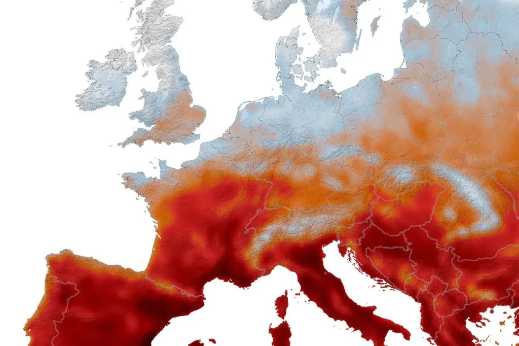 An animated map centered on western Europe depicts high air temperatures, shown in red, spreading across the region.