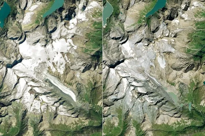 Ice in a broad Alpine basin connects with a short, narrow stretch of glacial ice in the valley below through one small icefall. Lakes fill much of the valley beyond the glacier’s terminus.