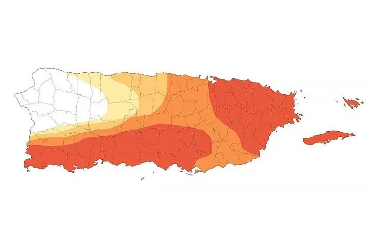 A map of Puerto Rico shows that 75 percent of the archipelago is abnormally dry or in drought. Areas of extreme drought, shown in dark orange, cover the eastern and southwestern regions of the main island.