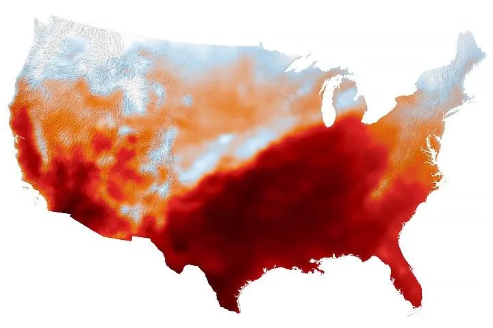 Air temperatures in the United States are depicted in white to light blue (cooler) and orange to red (warmer). An area of red, indicating temperatures around 100 degrees Fahrenheit, covers Texas and several states to the east and northeast.
