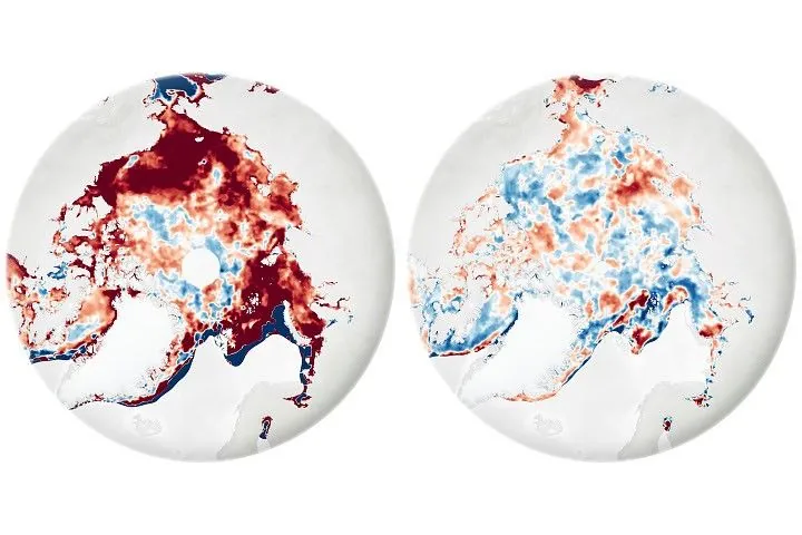 Two Arctic maps compare changes in melt season length by decade. Red indicates areas where the season grew longer; blue, where it grew shorter. The 2000–2009 map is mostly dark red. The 2010–2023 map shows a mix of lighter red and blue, indicating smaller changes.