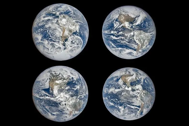 Four full-disk images of Earth are arranged in a two-by-two grid. The December image on the upper left shows the South America centered with Antarctica visible. The June image features parts of North America and Arctic sea ice that were not visible in December. The March and September images have South America and North America in more intermediate positions.