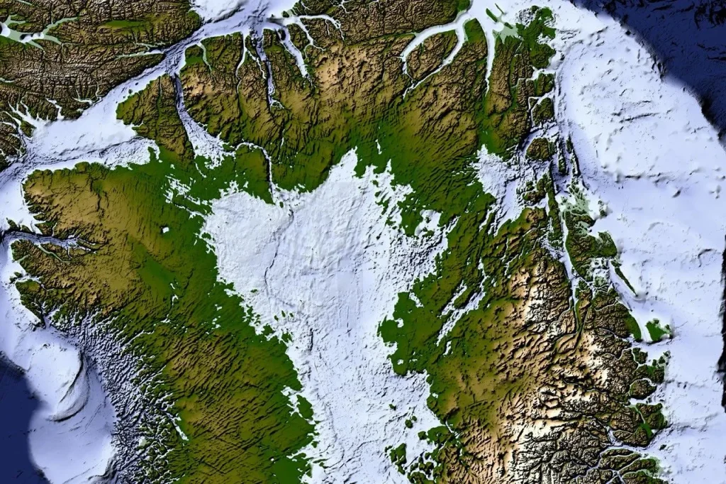 A large map on the left shows Greenland’s bedrock topography that lies below the ice sheet. A column of smaller maps on the right zooms in on several features, including long, straight valleys on the west-central part of the island. Other insets show a megacanyon, as well as valleys radiating outward from the highlands.